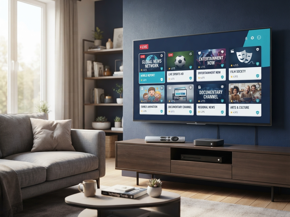 Living room TV showing a live TV guide